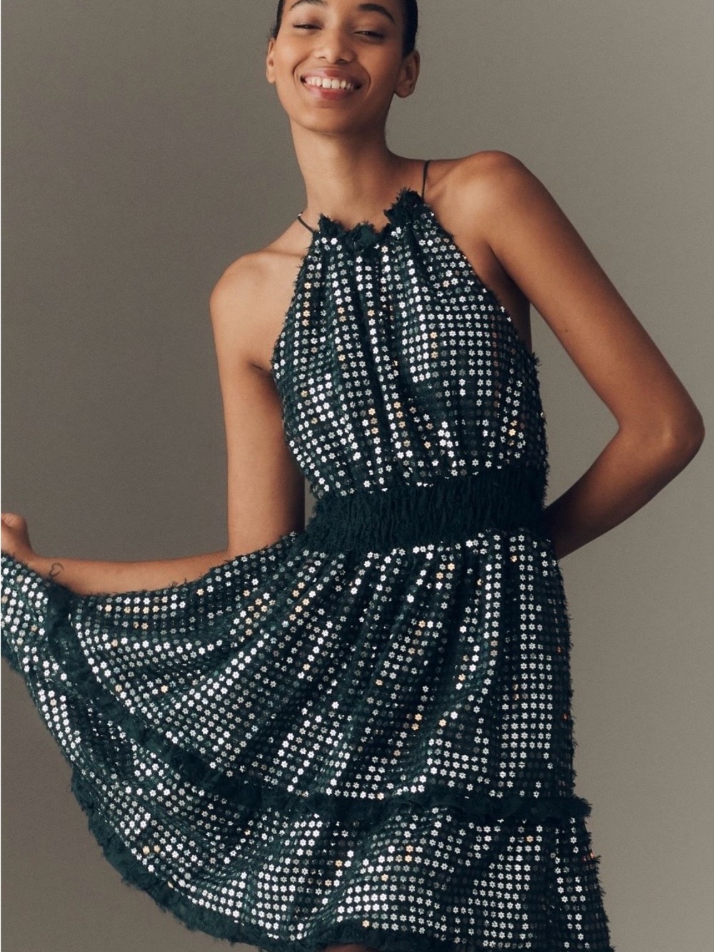 NEW Anthropologie The Somerset Shine Green Sequin Mini Halter Party Dress MEDIUM